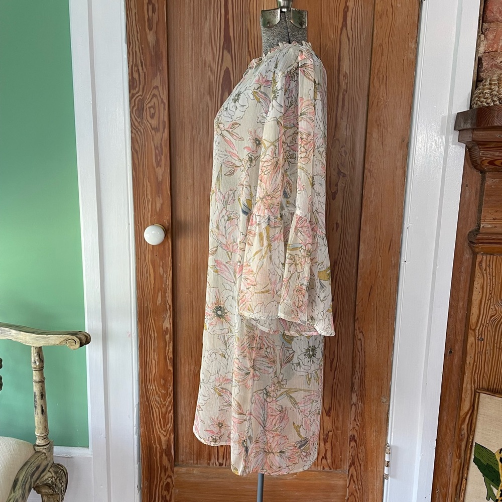 Lucky Brand Sheer Floral Cover Up Tunic Dress XL Ruffle Sleeve Boho Beach 💚🎀 - Picture 5 of 9